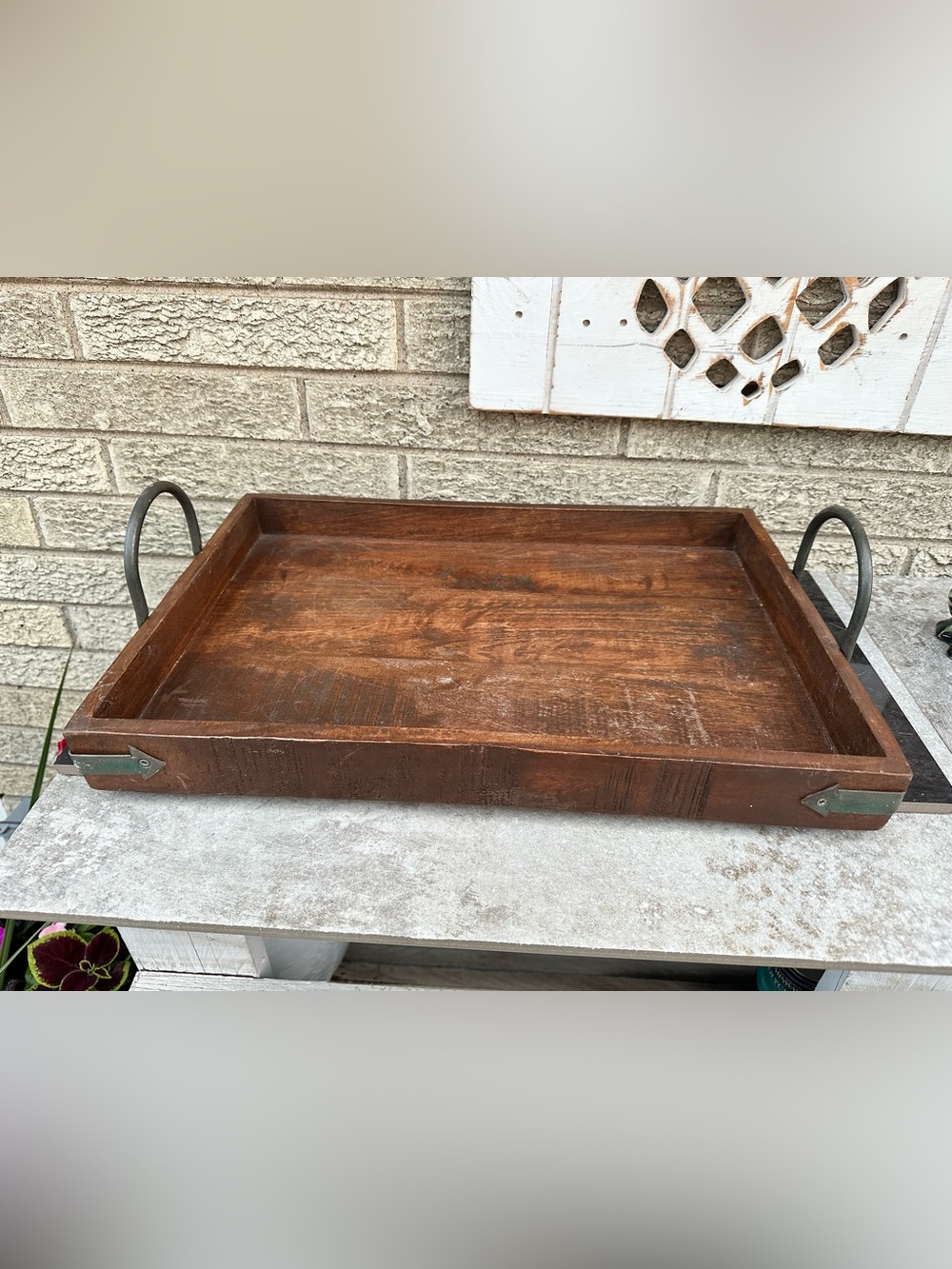 Vintage Wooden Serving Tray dark wood rectangular with metal handles Rustic tray